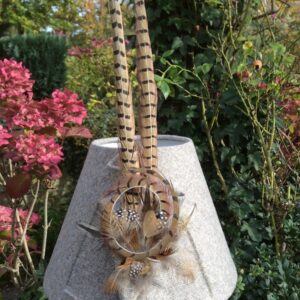 Grey Wool Lampshade dressed with game bird feathers & gun cartridge