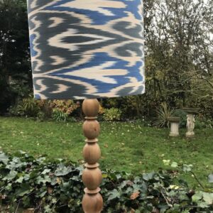 Dark Grey, Blue, Taupe and Ivory Ikat on natural wooden Lamp Base