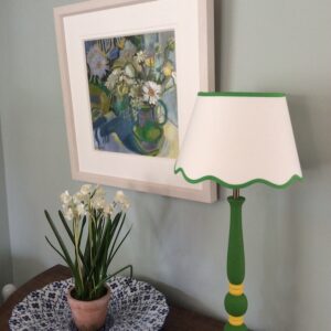 Ivory Linen lampshade with Scallop edge trimmed Emerald Green