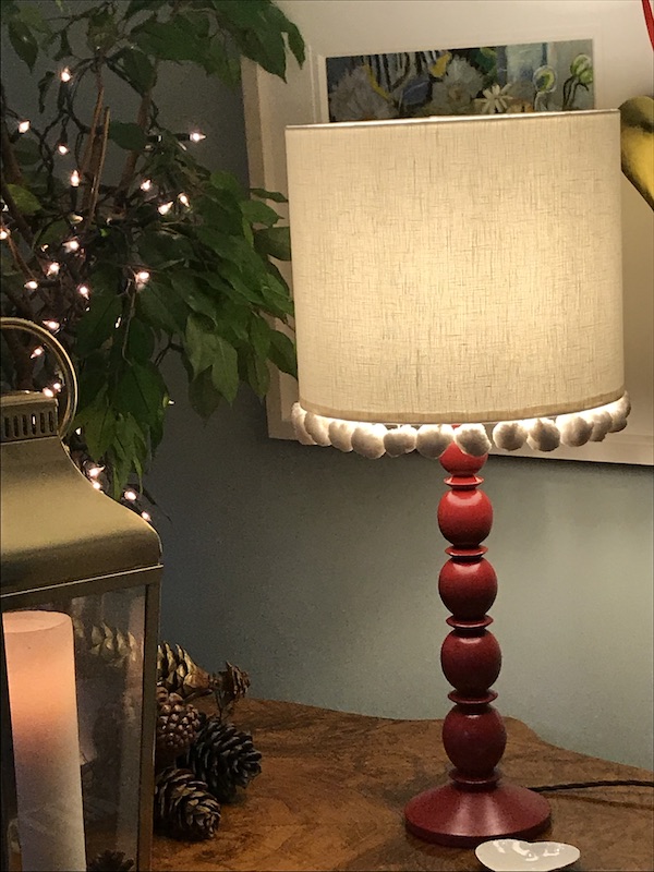 ivory linen with pom on red bobble lamp base