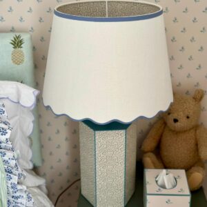 Chelsea Textiles Design Scalloped Edge Lampshade & Lamp Base in Sea Meadow Antique Blue