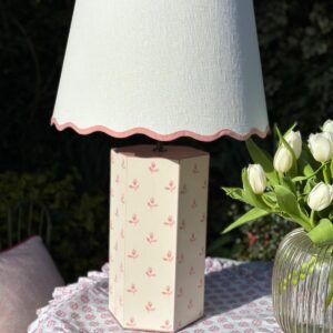 Chelsea Textiles Design Scalloped Edge Lampshade and Lamp base in Sudbury Pink